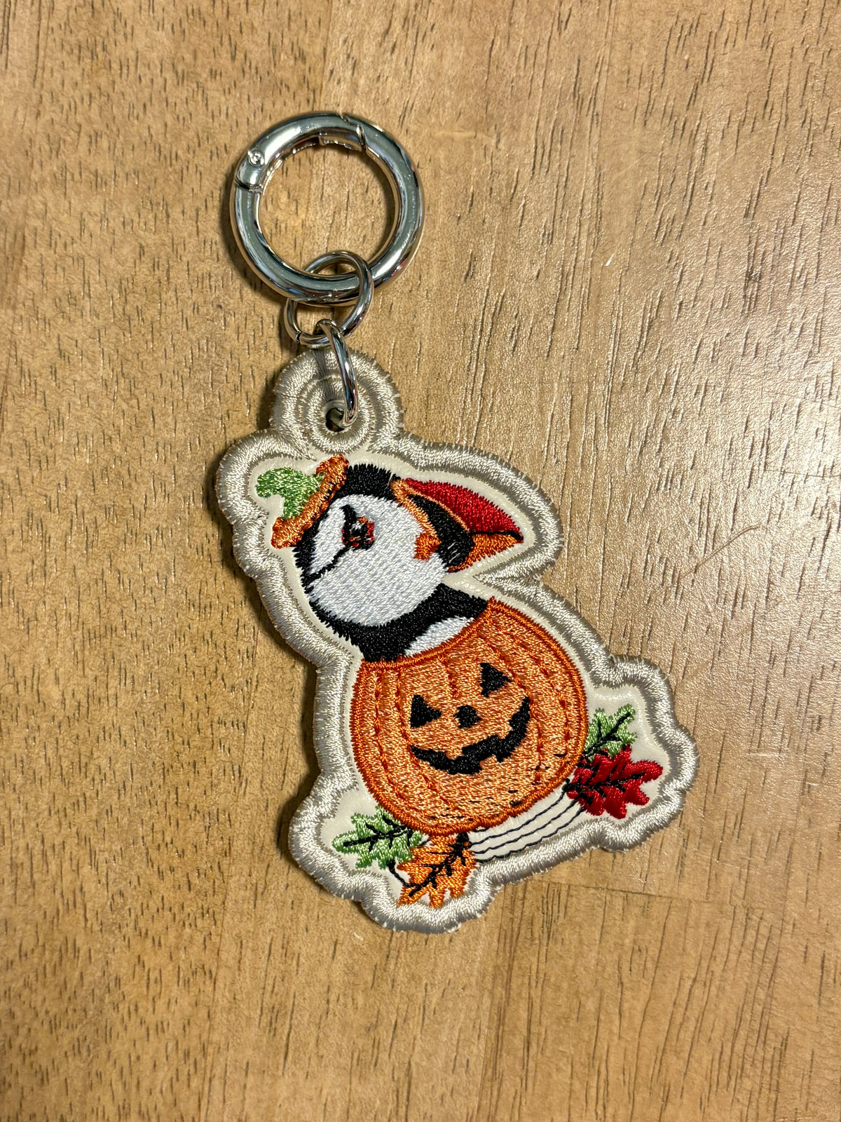 Puffin Pumpkin Embroidered Keychain