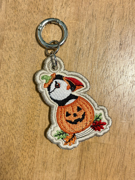 Puffin Pumpkin Embroidered Keychain